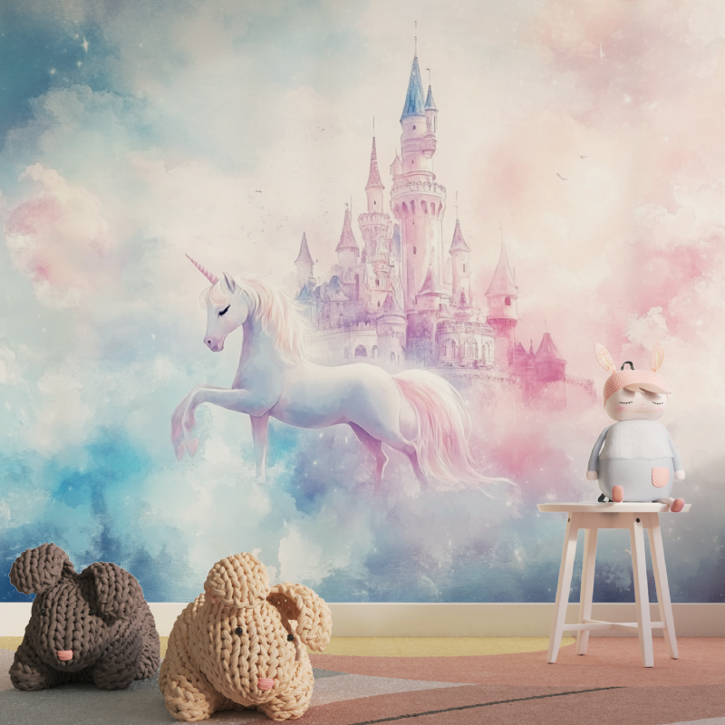 Unicorn Mural Wallpaper | Magical Castle in Pink and Blue Clouds