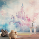 Unicorn Mural Wallpaper | Magical Castle in Pink and Blue Clouds