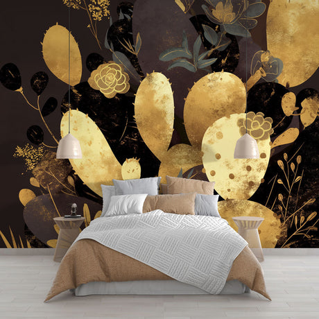 Stunning Black and Gold Cactus Wallpaper making a bold statement in a modern dining room with ambient lighting