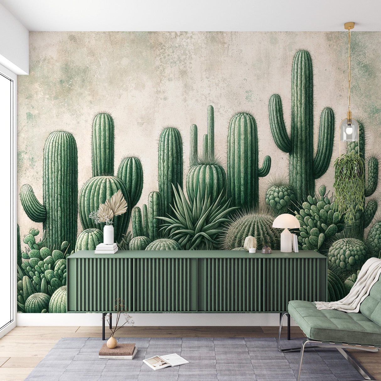 Desert Cactus Wallpaper styled in a bright modern living room, showing green saguaros against beige walls