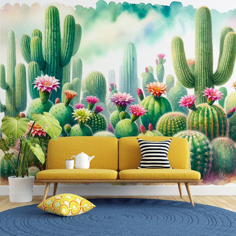Desert Cactus Wallpaper displayed in bright modern living room, showing watercolor botanical art with flowering succulents