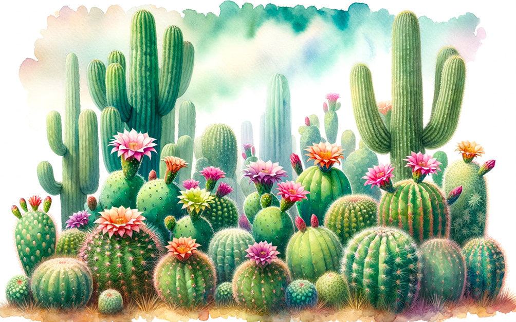 Desert Cactus Wallpaper design file showing detailed watercolor cacti and desert flowers pattern