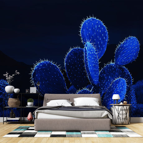 Blue glowing cactus wallpaper creating a magical atmosphere in a modern living room with minimalist furniture
