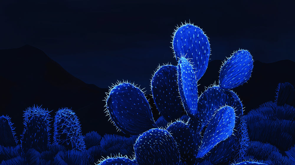 Electric blue desert cactus wallpaper design file showing detailed luminous pattern on dark background