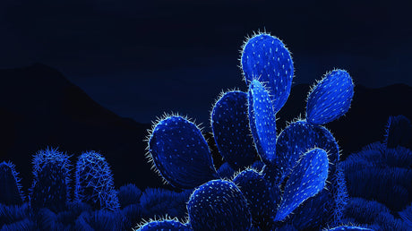 Electric blue desert cactus wallpaper design file showing detailed luminous pattern on dark background