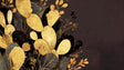 Cactus wallpaper with gold designs creating elegant atmosphere in modern living room with black furniture and ambient lighting