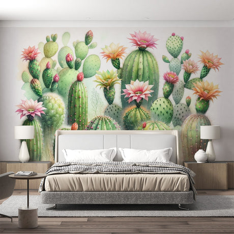 Watercolor Cactus Wallpaper creating a peaceful atmosphere in a modern living room with natural light