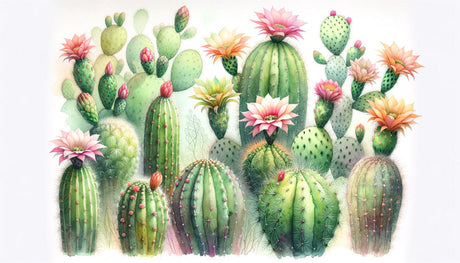Desert Cactus Wallpaper design file showing detailed watercolor cacti and soft pink blooms