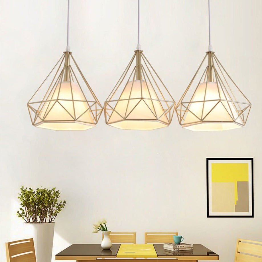 Geometric Pendant Light  Gold Iron Frame With White Glass Shade - Detailed view