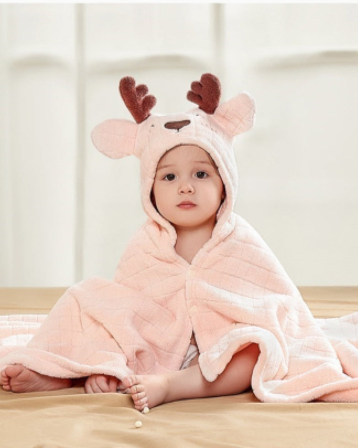 Baby Hooded Bath Towel  Pink Deer Design Cotton Terry 0-3 Years - Product showcase