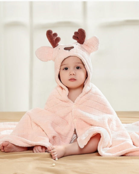 Baby Hooded Bath Towel  Pink Deer Design Cotton Terry 0-3 Years - Product showcase