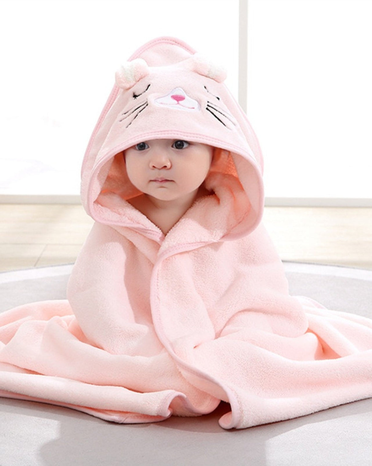 Baby Hooded Bath Towel  Pink Kitty Design for 0-3 Years - Product showcase