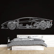 Car blueprint wallpaper creating a modern design statement in a minimalist home office with clean white walls