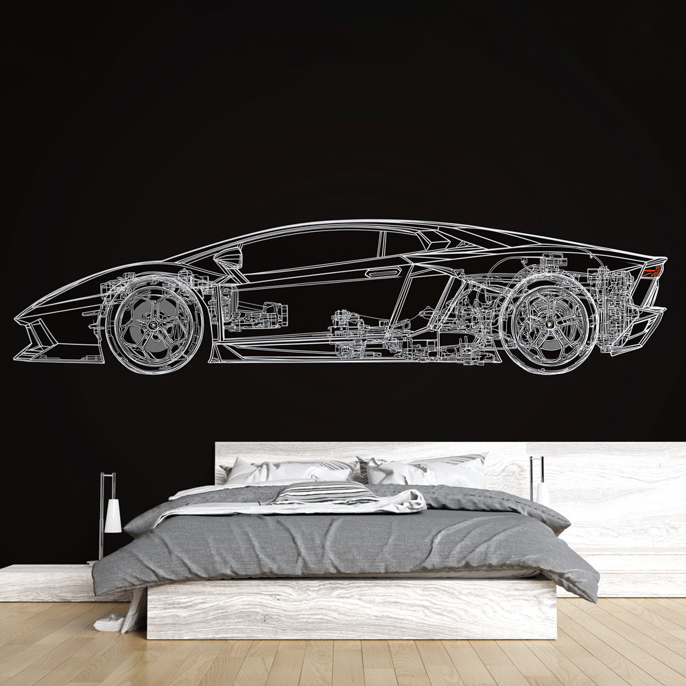Car blueprint wallpaper creating a modern design statement in a minimalist home office with clean white walls