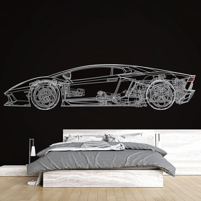 Car blueprint wallpaper creating a modern design statement in a minimalist home office with clean white walls