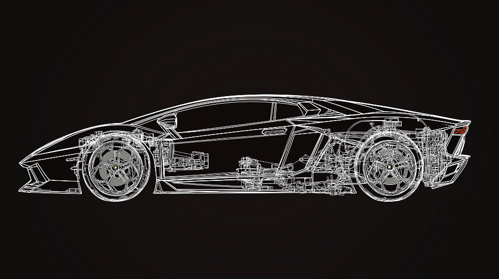 Car blueprint design file showing detailed white line technical drawing on black background