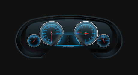 Digital speedometer design file showing detailed blue gauges on black background