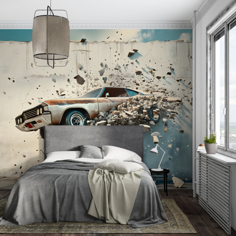 Vintage car wall mural in teen bedroom creating dramatic focal point