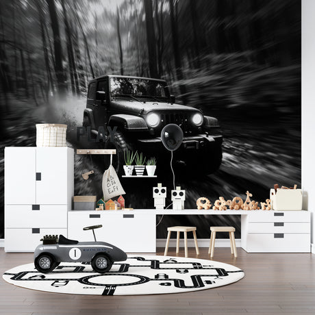 Black and white car wallpaper creating drama in modern living room with grey sofa and minimal decor