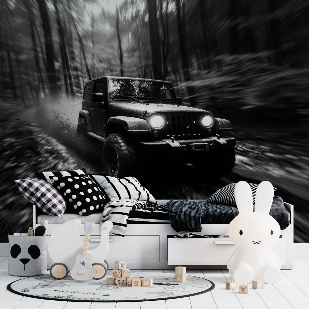 Monochrome car mural in teen bedroom showing dramatic motion effect against white furniture