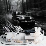 Monochrome car mural in teen bedroom showing dramatic motion effect against white furniture