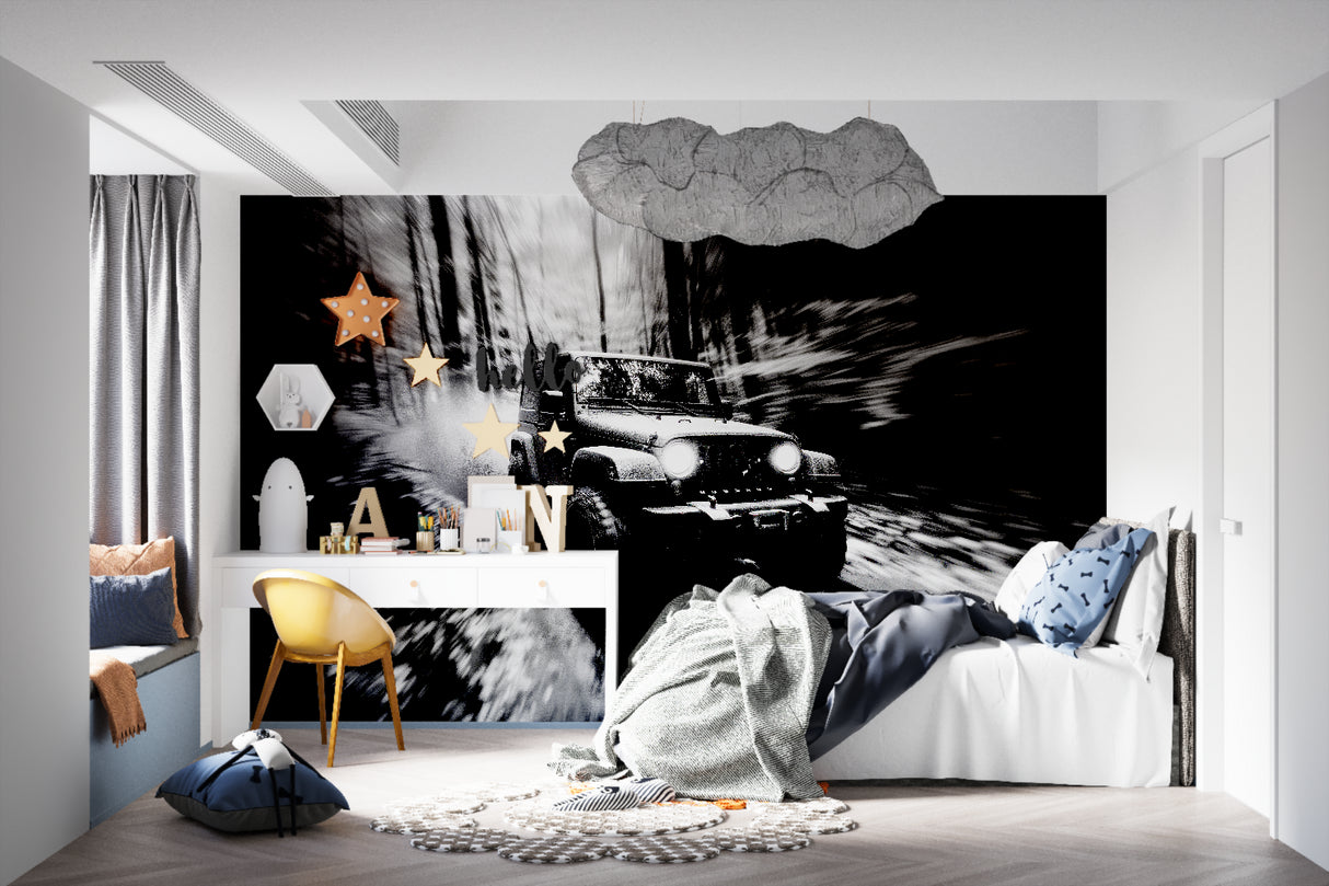 Car wall mural installation in home office with black desk and modern lighting