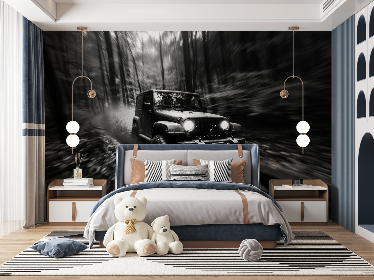 Black and white automotive wallpaper making statement in game room with leather seating