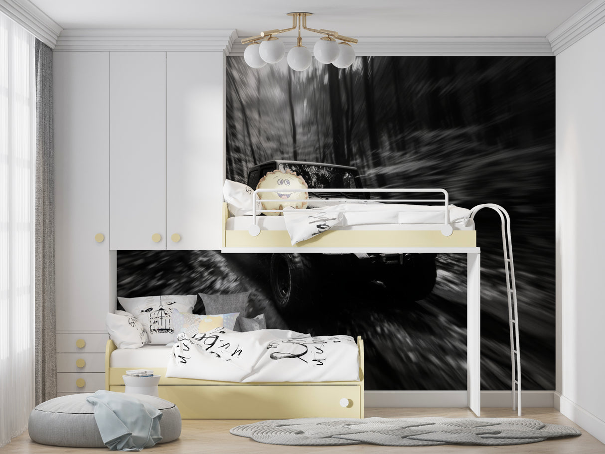 Motion car mural adding depth to minimalist dining room with pendant lights