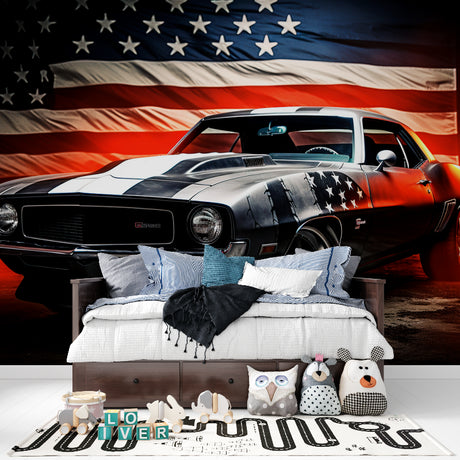 Classic car wallpaper in modern living room showing American muscle car against dramatic flag background