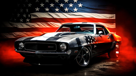 Design file showing detailed pattern of muscle car against American flag background