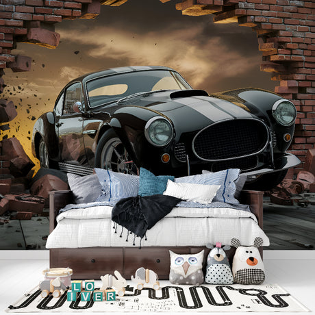 Classic car wallpaper in modern living room showing black vintage automobile breaking through brick wall