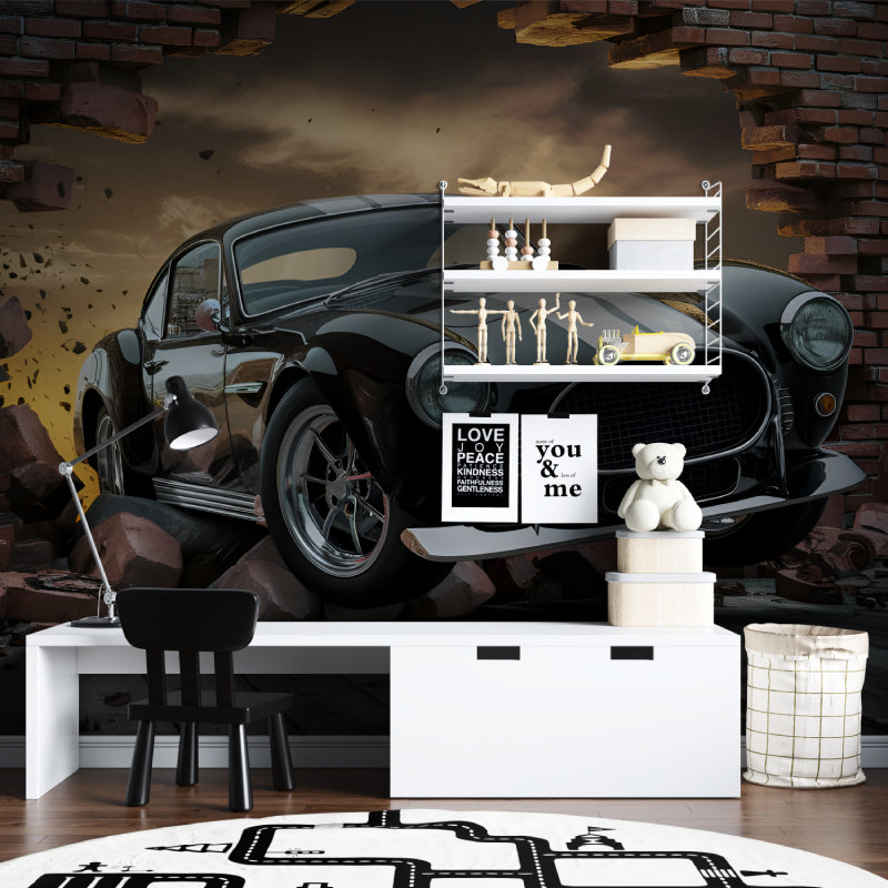 Vintage car wallpaper installed in game room showing breaking wall effect
