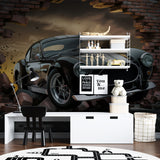 Vintage car wallpaper installed in game room showing breaking wall effect