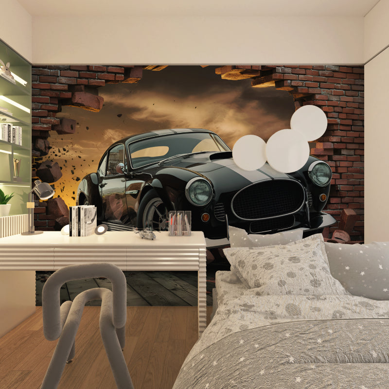 3D breaking wall mural featuring black car in man cave setting