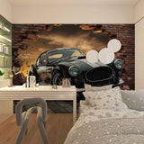 3D breaking wall mural featuring black car in man cave setting