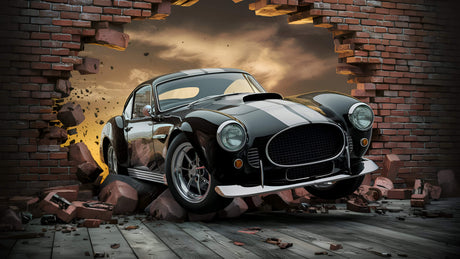 Design file of black classic car breaking through brick wall pattern
