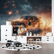 Stunning Car Mural Wallpaper in modern living room, SUV design with dramatic flames creates focal point