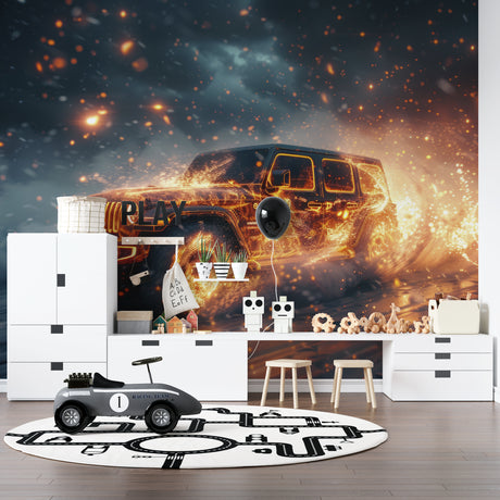 Stunning Car Mural Wallpaper in modern living room, SUV design with dramatic flames creates focal point