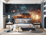 Car themed wallpaper in teen bedroom showing flaming SUV design with spark effects