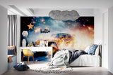 Automotive wall mural in game room featuring dynamic SUV design with flame effects