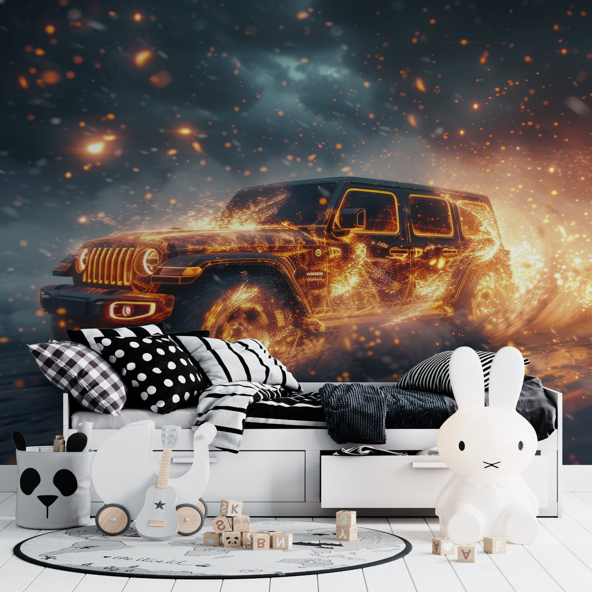SUV wall mural installation in home office showing dramatic lighting effects