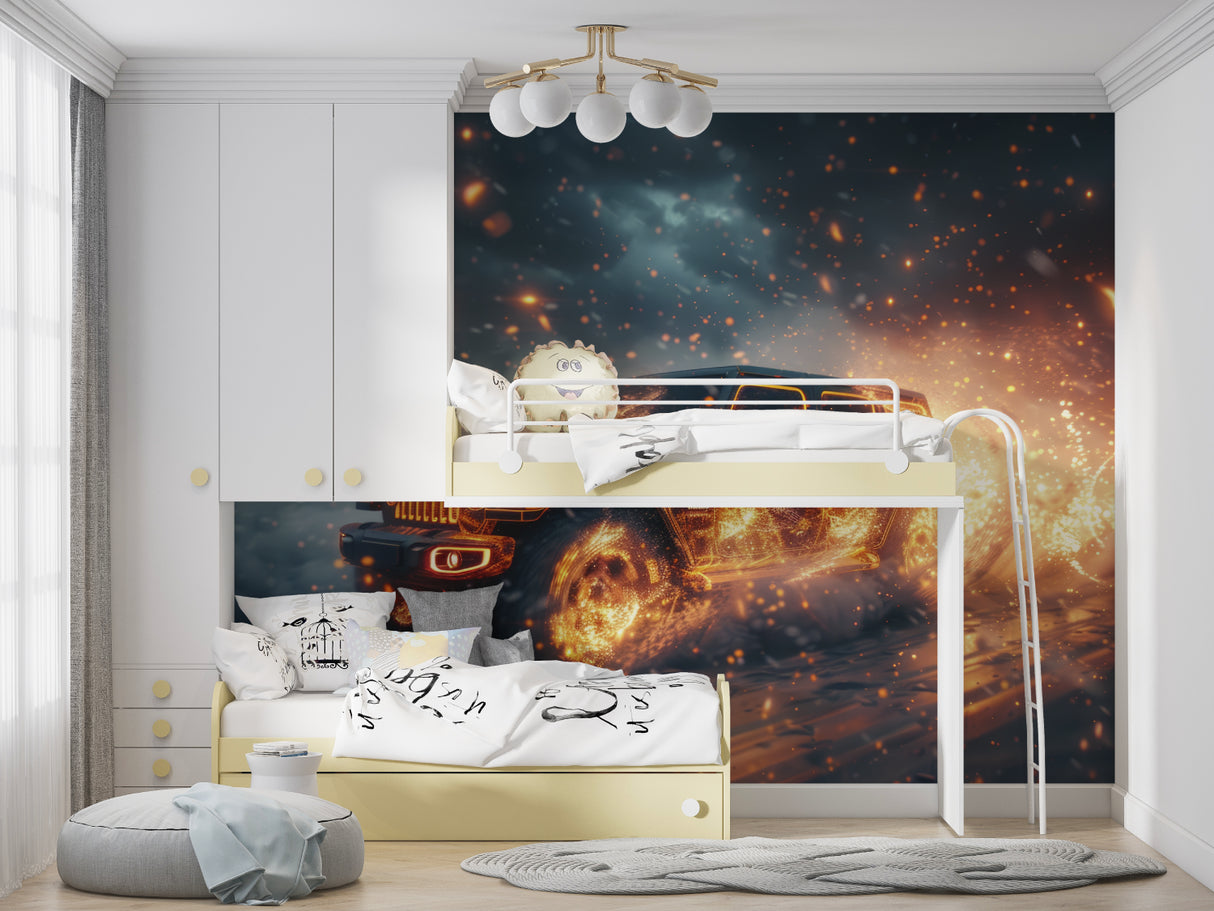 Car enthusiast man cave featuring flaming SUV wallpaper with golden sparks