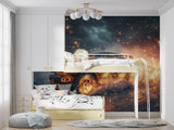 Car enthusiast man cave featuring flaming SUV wallpaper with golden sparks
