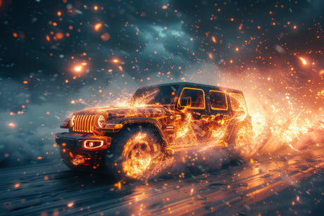 Design file of SUV mural wallpaper with flame effects and dramatic sparks pattern