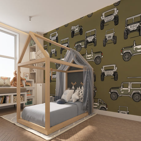 Military green off-road vehicle wallpaper in modern kids bedroom showing jeep pattern