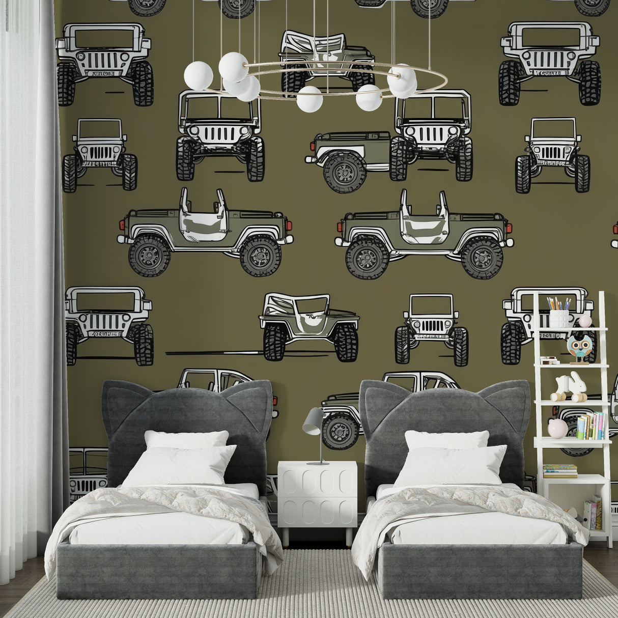 Off-road vehicle pattern wallpaper styled in teen gaming room with olive green tones