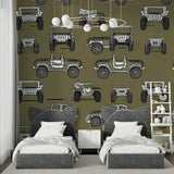 Off-road vehicle pattern wallpaper styled in teen gaming room with olive green tones