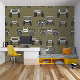 Car pattern wallpaper installation in modern playroom showing scale