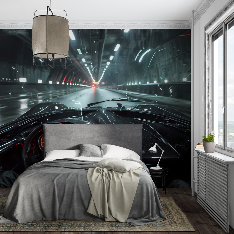 Dashboard view car wallpaper installed in urban style game room