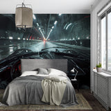 Dashboard view car wallpaper installed in urban style game room